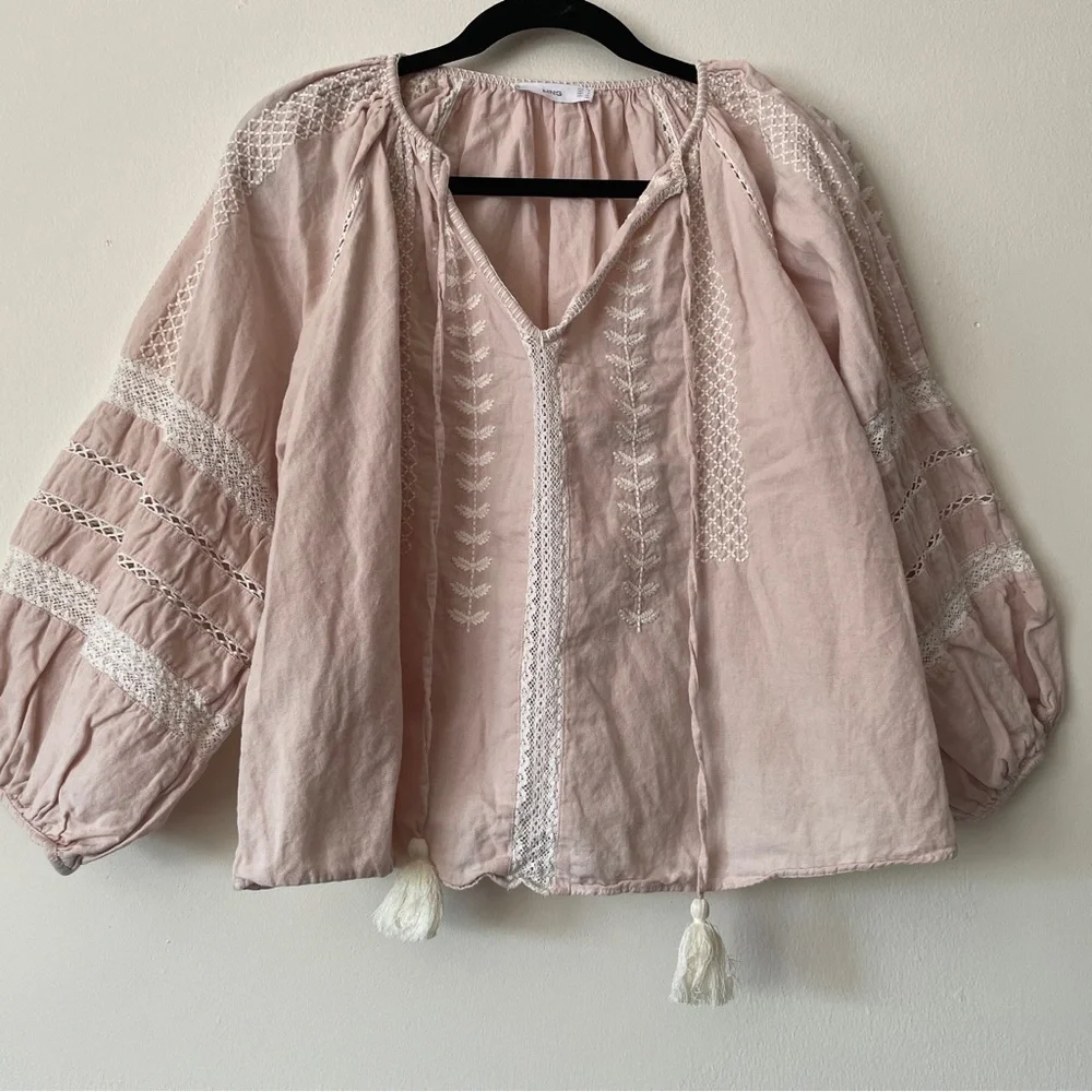 Mango Embroidered Linen Cotton Blouse Balloon  Sleeve washed pink sz med/6 - Picture 6 of 13